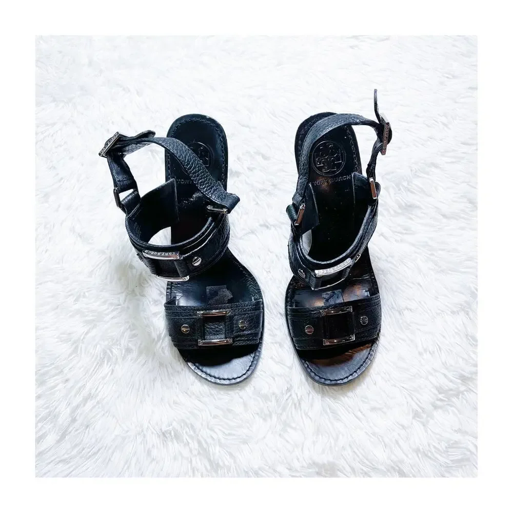 Tory Burch Leather Open Toe Wedges Silver Detailing SZ8